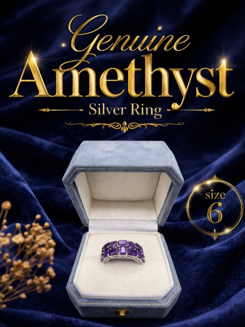 Amethyst Silver Ring 5ct, Wide Band Purple Gemstone Ring, Statement Amethyst